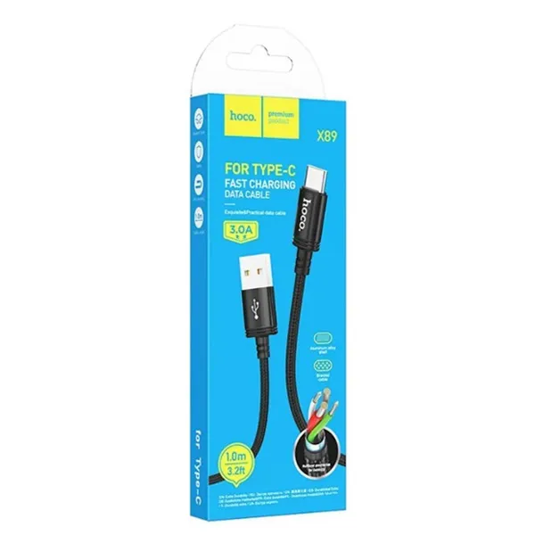 Cable USB-A a USB-C 1 Metro Negro HOCO X89 | Carga Rápida 3A & Transferencia 480Mbps - Imagen 3